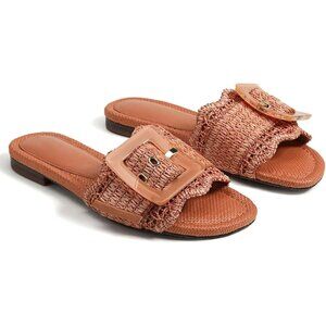 Women's Orange Buckle Straw Flats Woven Braided Rattan Slides Summer Sandals